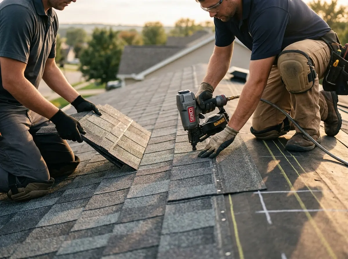 Professional roofer working on a residential roof in Glenolden